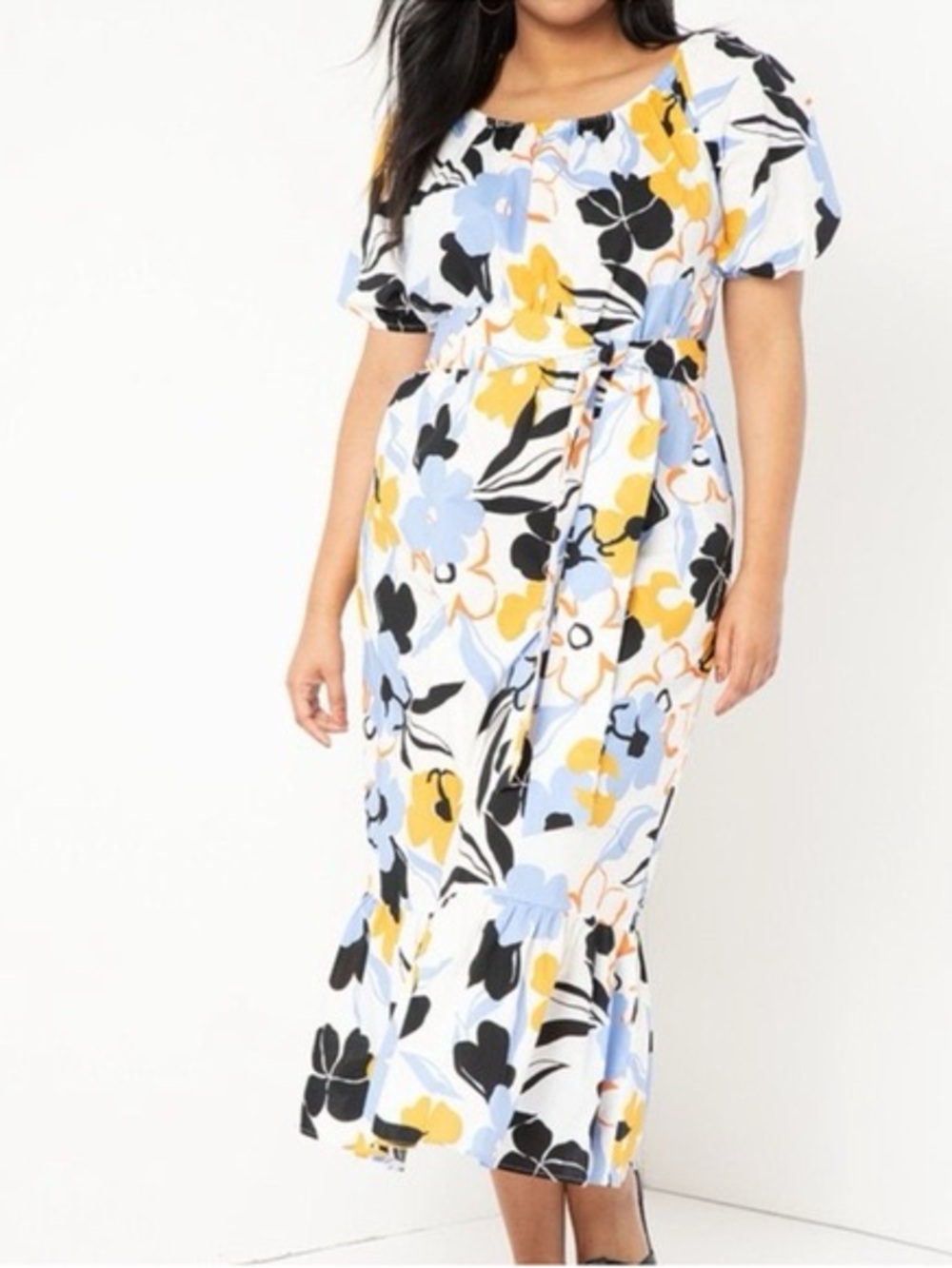 Eloquii Floral Midi Dress in White, orange & Light Blue